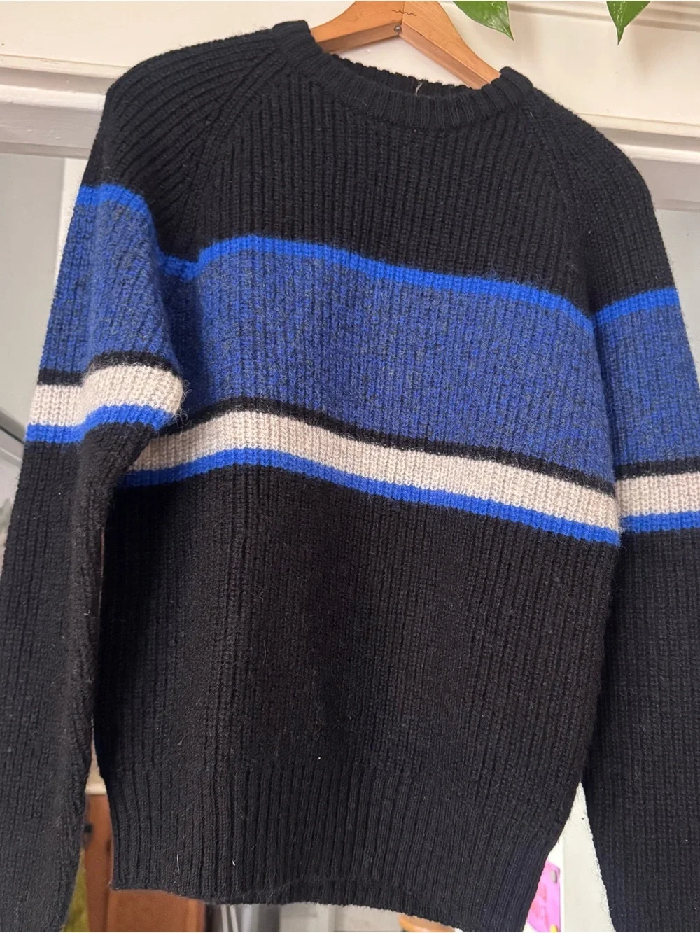 Blake and Manley wool blend vintage blue black gray striped 90s grandpa  Sweater